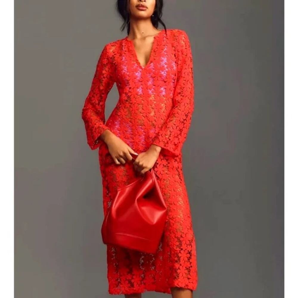 Anthropologie 3D Floral Red Kaftan‎ V-Neck Sheer Lace Midi Dress Size XS/S